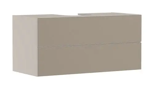 Heller Waschtischunterschrank von Hansgrohe mit zwei Schubkästen, geriffelter Oberfläche und modernem Design. Geeignet für Aufsatzwaschtisch.
